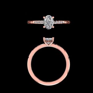 Bague de fiançailles classique en or rose 14k 18k avec diamant ovale de 1,08 carat et pierres pavées sur les côtés, bijoux de mariage délicats, cadeau - Product Image 3