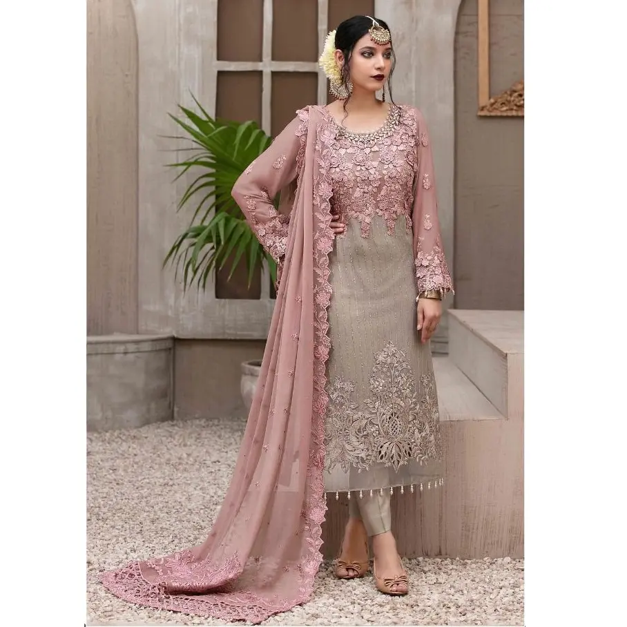 Indian Pakistan Georgette Bordir Kerja Mewah Salwar Kameez Setelan untuk Wanita Pernikahan Koleksi Saree Gaun Panjang Gaun Saree