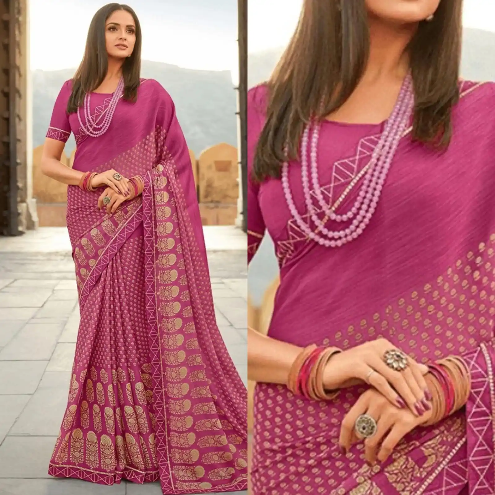 Georgette imprimée florale verte rose avec bordure brodée Saree en soie imprimé Sari avec dentelle de travail