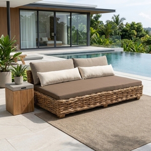 Natural Chunky <b>Rattan</b> <b>Outdoor</b> Double Daybed Brown Mattress Cream Lumbar Bolster Pillows Setup Decor Pure Art Room Design - Product Image 3