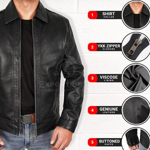 Custom Logo Print High Quality Eco-Friendly <b>Lightweight</b> Comfortable <b>Men</b> Cow Skin Leather <b>Jacket</b> Stand Collar Front Logo - Product Image 1