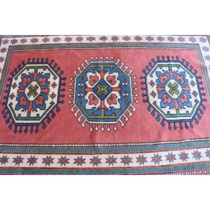 Alfombra Vintage de 4x6.4 pies, Alfombra Turca, Alfombra a Cuadros Roja y Azul - Product Image 4