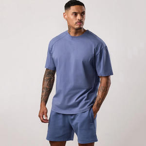 Venta caliente Deep Indigo Oversize Fit 2 piezas de tela de algodón lavado Conjunto de camiseta y pantalones cortos para hombre Gimnasio y entrenamiento Playa y ropa de calle - Product Image 1