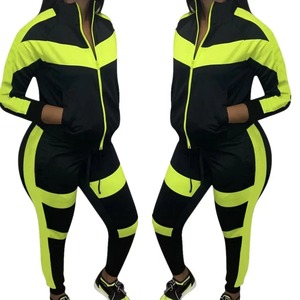 Mujeres deporte Fitness Invierno 2 piezas bloque de Color sólido 100% conjunto de chándal de algodón negro a juego chándal chaqueta Jogger traje - Product Image 3