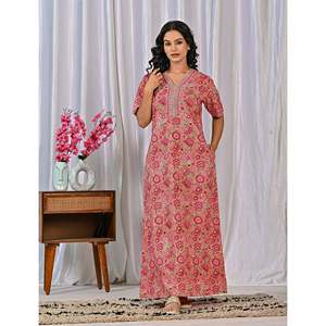 Vestido de Dormir 100% Algodón con Estampado Jaal Hecho a Mano, Camisón Suave Tejido con Diseño Floral y Cierre de Botones, Talla 3XL para Damas de Honor - Product Image 6