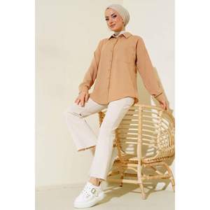 Camisa de lino con un solo bolsillo Camel - Product Image 3