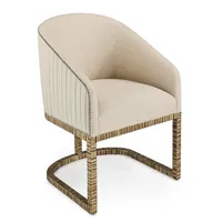 Chaise de salle à manger ou de salon avec revêtement en lin crème, côtés plissés verticalement, base en métal doré/bronze vieilli