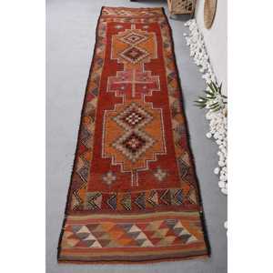 Herki Turkish Rug, 2.8x10 ft Vintage Rug, <b>Red</b> Striped <b>Wool</b> Rug - Product Image 1