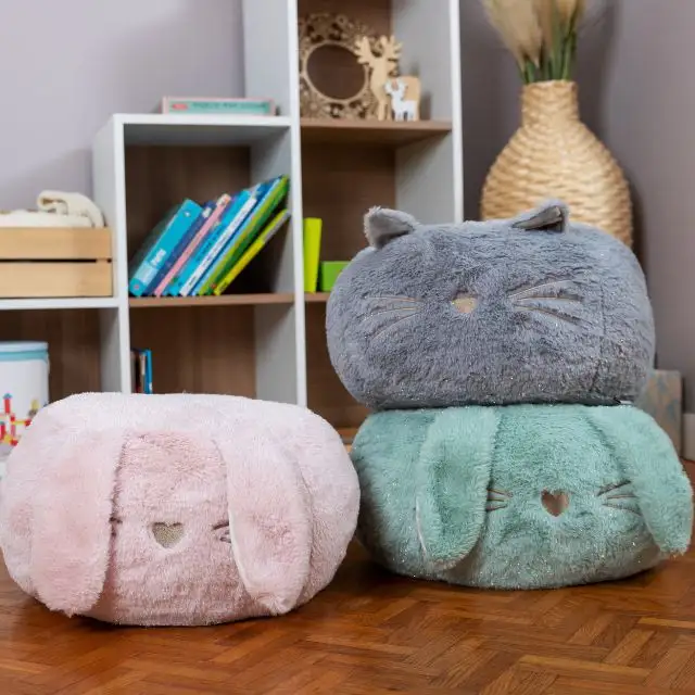 Green rabbit pouffe made in France - Soft plush seat for children - Children's seat for the bedroom