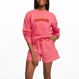 Ensemble court 2 pièces en molleton 100 % coton, taille plus, avec logo personnalisé imprimé, broderie en dentelle, coupe ample, style décontracté d'été 2025 - Product Image 1