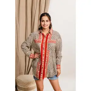 Camisa feminina com estampa de bloco de algodão, blusa com bolso longo, camisa elegante, vestido de festa estilo México, gola com borda estampada