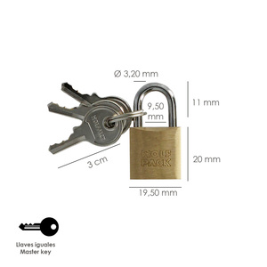 Lucchetto in ottone, catena standard, 20 mm. Confezione blister da 1 pezzo. Resistente - Product Image 2