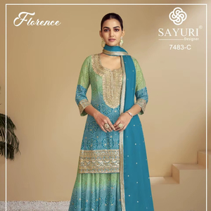 Gorges pakistanaises indiennes robe ethnique pour les femmes lourd Faux Georgette tissu vêtements de mariage Sharara costume - Product Image 1