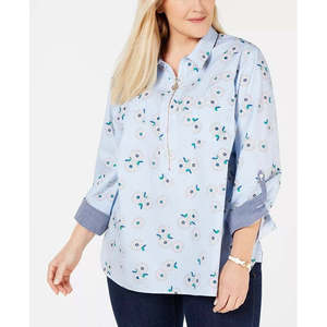 Top Casual da Donna Tommy Hilfiger Taglie Forti in Popeline di Cotone Stampato Floreale Blu Brillante Taglia 2XL - per Primavera/Estate - Product Image 1