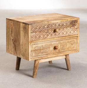 MANGO WOOD CARVING 2 <b>DRAWERS</b> WOODEN LEGS Bedside Nightstand Table Side Table NATURAL FINISH MODERN FURNITURE INDIAN - Product Image 1