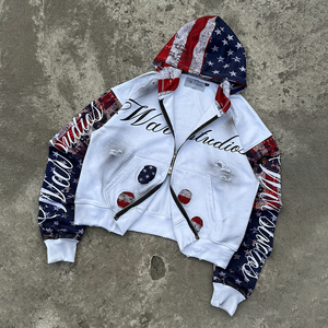 เสื้อฮู้ดซิปแบบมีซิปเต็มตัว ยี่ห้อ Manufacturer American Sleeves รุ่น Custom Distressed สำหรับผู้ชายและผู้หญิง ผ้า French Terry ปักลายสไตล์ Y2K สตรีทแวร์ - Product Image 1