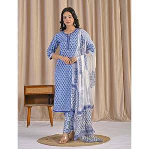 Conjunto de Kurta y Pantalón de Algodón Azul Claro con Estampado a Mano, Estilo Casual, Ropa India Hecha a Mano - Product Image 3