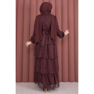 Vestido de Gasa Borgoña con Estampado de Puntos, Silueta en A Modesta con Cintura Imperio y Cinturón - Product Image 6