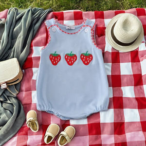 Ropa Infantil Honeydew, Lindo Vestido Azul Burbuja para Bebé con Bordado de Fresa, Algodón Suave Lavable, Traje de Verano con Cierre de Broche - Product Image 1