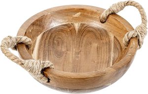 Bol à fruits en bois d'acacia massif fait à la main avec poignées en corde rustiques plat de service rond décoratif pour décoration de table - Product Image 2