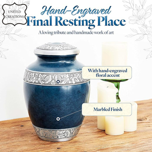 โกศบรรจุอัฐิผู้ใหญ่ สีฟ้า แกะสลักเต็มตัว ทำจากทองเหลือง สำหรับใส่เถ้ากระดูกมนุษย์ - Product Image 2