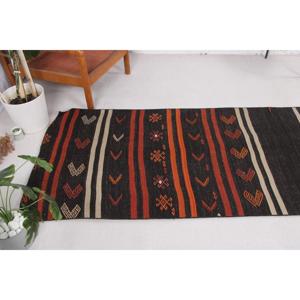 พรมคิลิมตุรกี ขนาด 3.3x10.8 ฟุต สีดำแดงลายดอกไม้ พรมขนสัตว์วินเทจ - Product Image 3