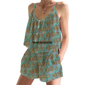 Conjunto de Pijama Corto de Lujo, Algodón Premium con Estampado Floral, Primavera/Verano, Ajustado, con Tirantes, Sin Mangas - Product Image 6