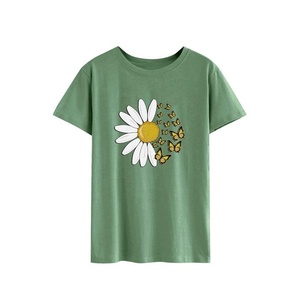 Beaux t-shirts pour femmes dernière conception imprimée de fleurs demi-manche col rond OEM personnalisé écologique demi-manche col rond - Product Image 2