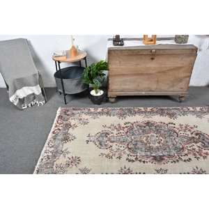 พรมตุรกีโบราณ3.8 x 6.8ft เบจสีเทางานเย็บปะทำด้วยมือผ้าขนสัตว์ลาเท็กซ์การออกแบบสำหรับข้างเตียงสี่เหลี่ยมผืนผ้าห้องโถงสไตล์วินเทจใหม่ - Product Image 2