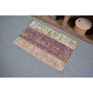 2x3,1 ft Turkish Vintage <b>Wool</b> Rug <b>Red</b> Blue Floral Patchwork Design Eco Friendly Latex Backing - Product Image 4