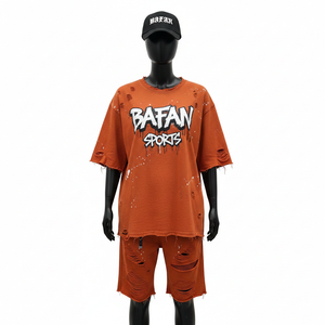 Women Premium Cotton Oversized T shirt Short set Soft Breathable Fabric <b>Rust</b> Color Distressed 100% Cotton T Shirt & Short Set - Product Image 6