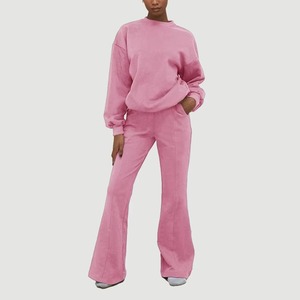 New Arrival Women Custom 2-Piece for Lounge Wear <b>Set</b> Sport Plain casual O-Neck Pullover and Flared Sweatpants & sweatshirts <b>sets</b> - Product Image 3