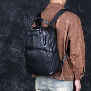 Sac à dos en cuir de vachette véritable de haute qualité pour hommes grande capacité avec fermeture à glissière sac d'ordinateur Simple à la mode - Product Image 2