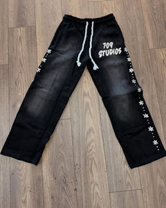 Custom <b>Men's</b> Flayer Pant Rhinestone Pants Sun Faded <b>Baggy</b> Track Jogging Hip Hop Elastic Waist Path Embroidery - Product Image 1