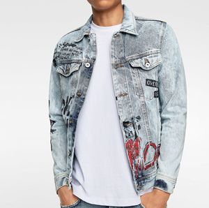 Veste en jean streetwear pour homme avec imprimé graffiti dessiné à la main, en coton délavé, coupe classique, col rabattu, simple boutonnage - Product Image 1