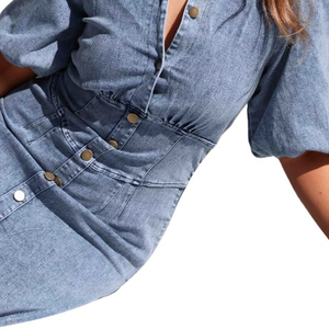 2025 manga corta cintura alta botón lado a línea mangas largas abullonadas sólido largo Denim camisa vestidos mujeres Denim camisa vestidos - Product Image 2