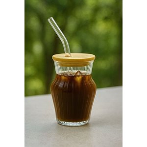 ERKUGO 500 ml Chubby Borosilicate <b>Glass</b> Mug with Bamboo Lid Striped Modern Dishwasher Safe - Product Image 2