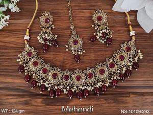 Bijoux antiques indiens Mehendi, beaux accessoires de bijoux pour femmes, vêtements de fête, ensemble de colliers courts antiques - Product Image 4