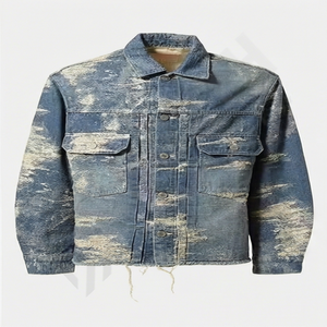 Veste en jean classique effet délavé pour homme et femme, vêtement décontracté, streetwear tendance, veste en jean rétro, col montant, logo sur le devant - Product Image 1