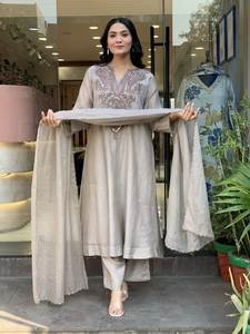 Pure Muslin Cotton <b>3</b> <b>Piece</b> <b>Suit</b> Set with Sequence Embroidery Work Soft Breathable Readymade Kurti Pant and Dupatta for Summer - Product Image 3