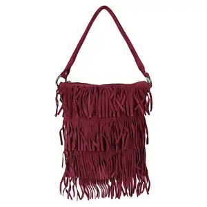 New Famous Burgundy Genuine Suede Leather Fringed Shoulder Bag with 4 layer fringes Direct Manufacturer Of Leather Bags