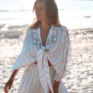 Hot Sale Trendy Look Women Lurex Embroidered Kimono Top Stunning White Summer Gateway Relaxed Fir Boho Chic Blouse - Product Image 1