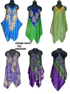 Vintage Women's Boho Tank Top with Short Length Knitted Silk/Rayon Saree Featuring V-neck Hollow Out and <b>Ribbon</b> <b>Decorations</b> - Product Image 5