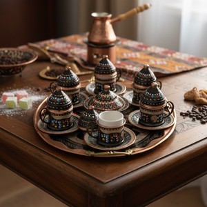 Oval <b>Cup</b> <b>Set</b> 6-Piece Copper Enamel Erzincan Oriental Design Style - Product Image 2