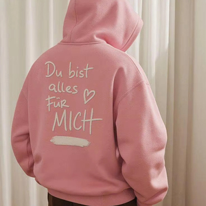 Sweat à capuche rose romantique en polaire doux, streetwear confortable pour le quotidien, imprimé tendance avec citation d'amour au dos, haut décontracté et chaud - Product Image 1