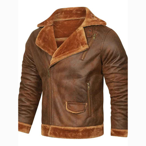 Chaqueta con forro de piel de oveja para hombre, chaqueta bomber de cuero genuino con chaqueta de cuero de piel con piel para hombre - Product Image 6