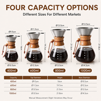 Cafetière à filtre en verre personnalisable avec logo, faible MOQ, 400ml, 600ml, 800ml, 1000ml, avec filtre en acier inoxydable