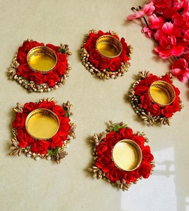 Portavelas de Terciopelo con Forma de Rosa para Decoración de Diwali, Portavelas Decorativo con Flores de Gypsophila para Recuerdos de Pooja - Product Image 1