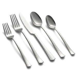 - Premium Hammered Textured Handle Stainless Steel Cutlery Set with Knife <b>Forks</b> & Spoons Flatware and Polished Finish - Product Image 1