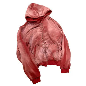 Nouveau Style à la mode soleil délavé fermeture éclair français éponge rue porter acide lavage 500 GSM sweats à capuche fermeture éclair poids lourd strass à capuche hommes - Product Image 6